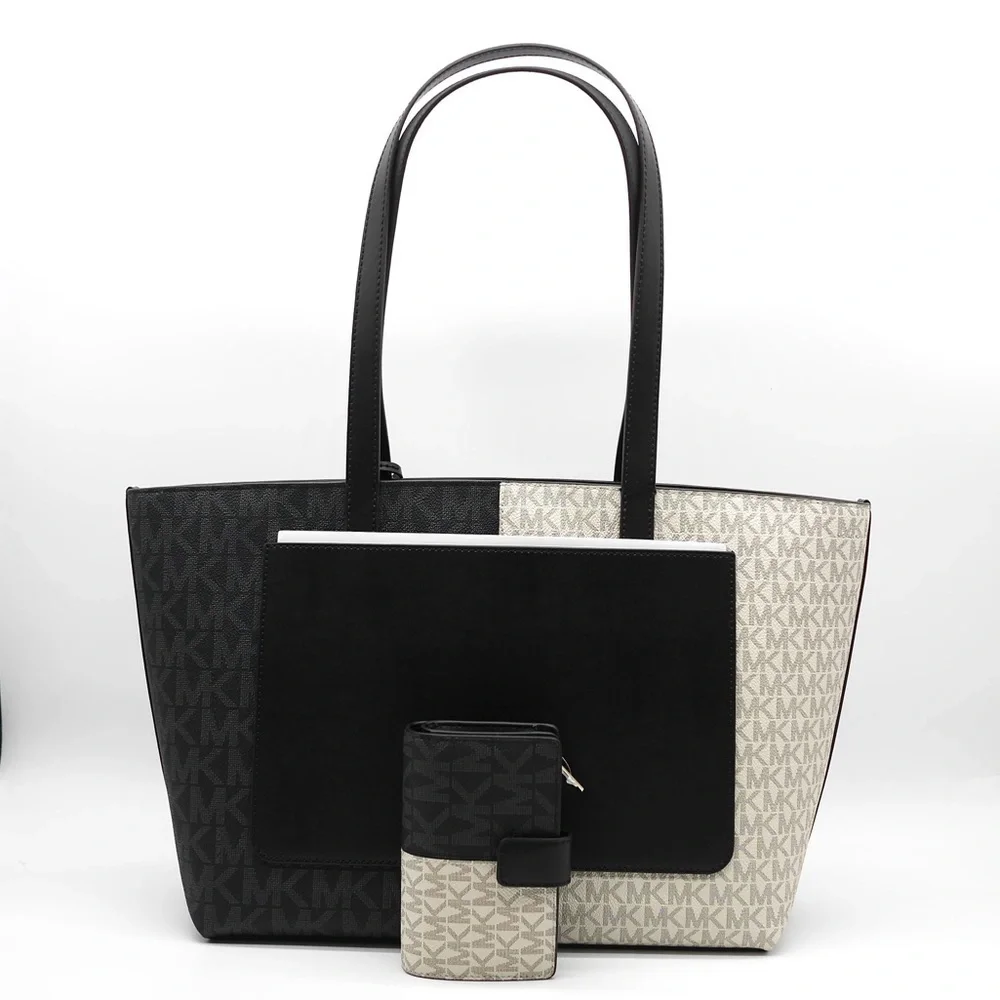🍓NWT Michael Kors Black and Cream Geometric Tote Set